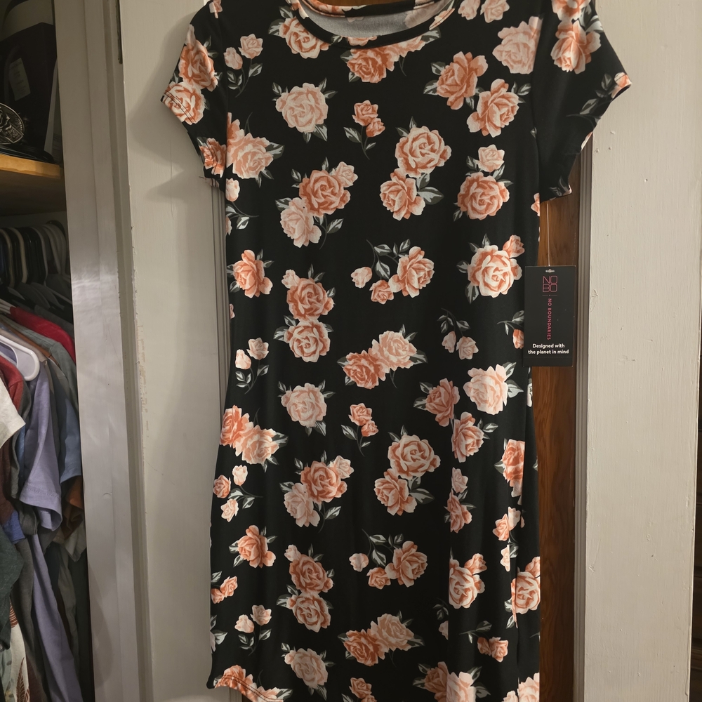 No Boundaries Black Dress with Peach Floral Design